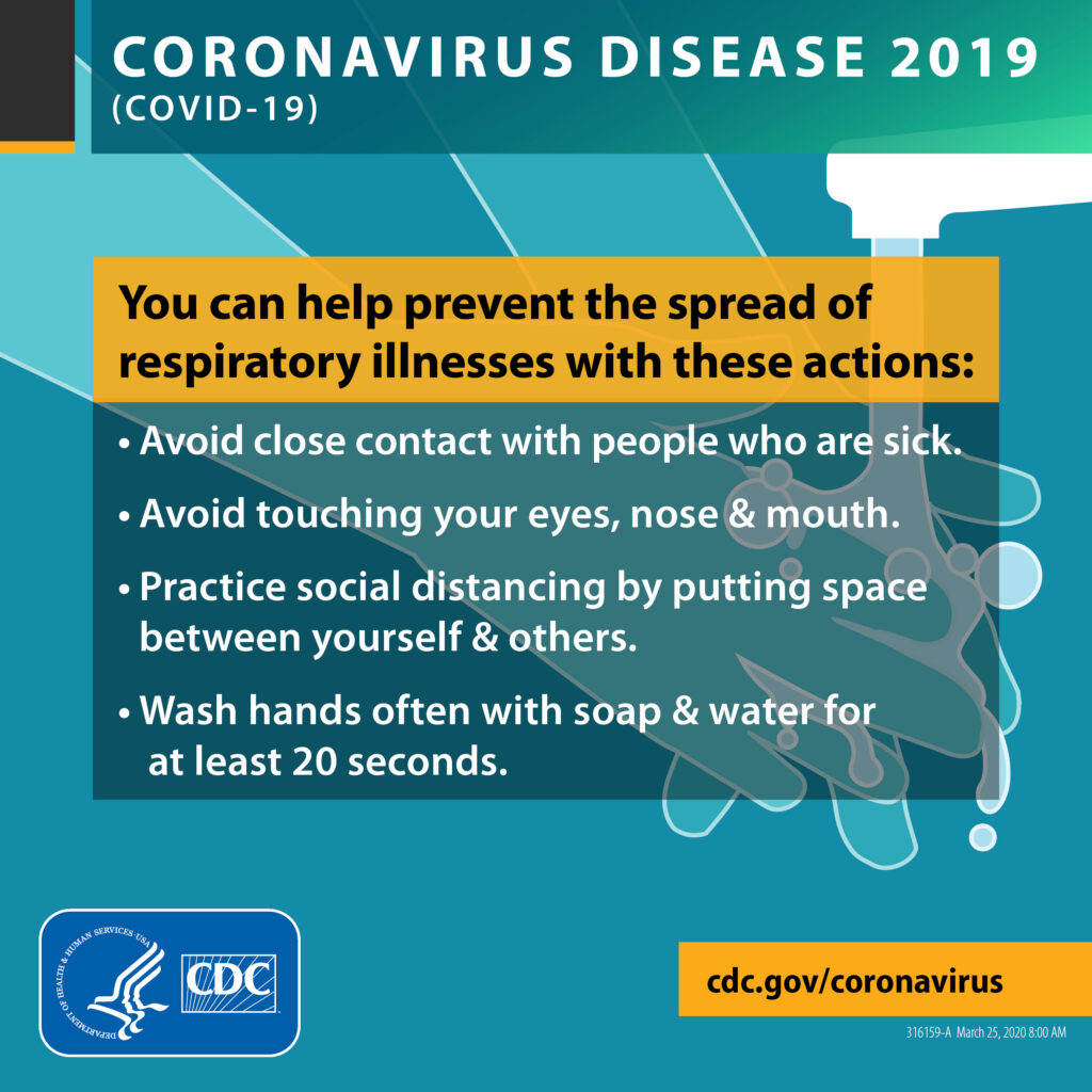 Coronavirus Disease 2019(Covid-19). You can help prevent the spread of respiratory illnesses with these actions: Avoid close contact with people who are sick. Avoid touching your eyes, nose & mouth. Practice social distancing by putting space between yourself & others. Wash hands often with soap & water for at least 20 seconds. - cdc.gov/coronavirus - https://wmderma.com/