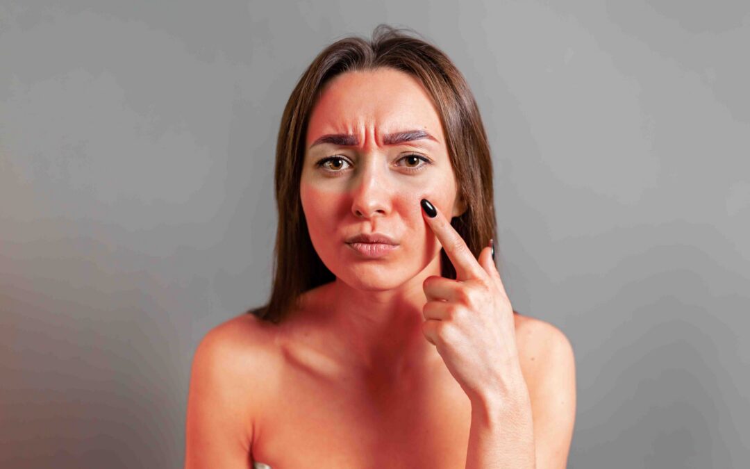 Sunburn,Concept.,A,Young,Woman,Points,A,Finger,At,A