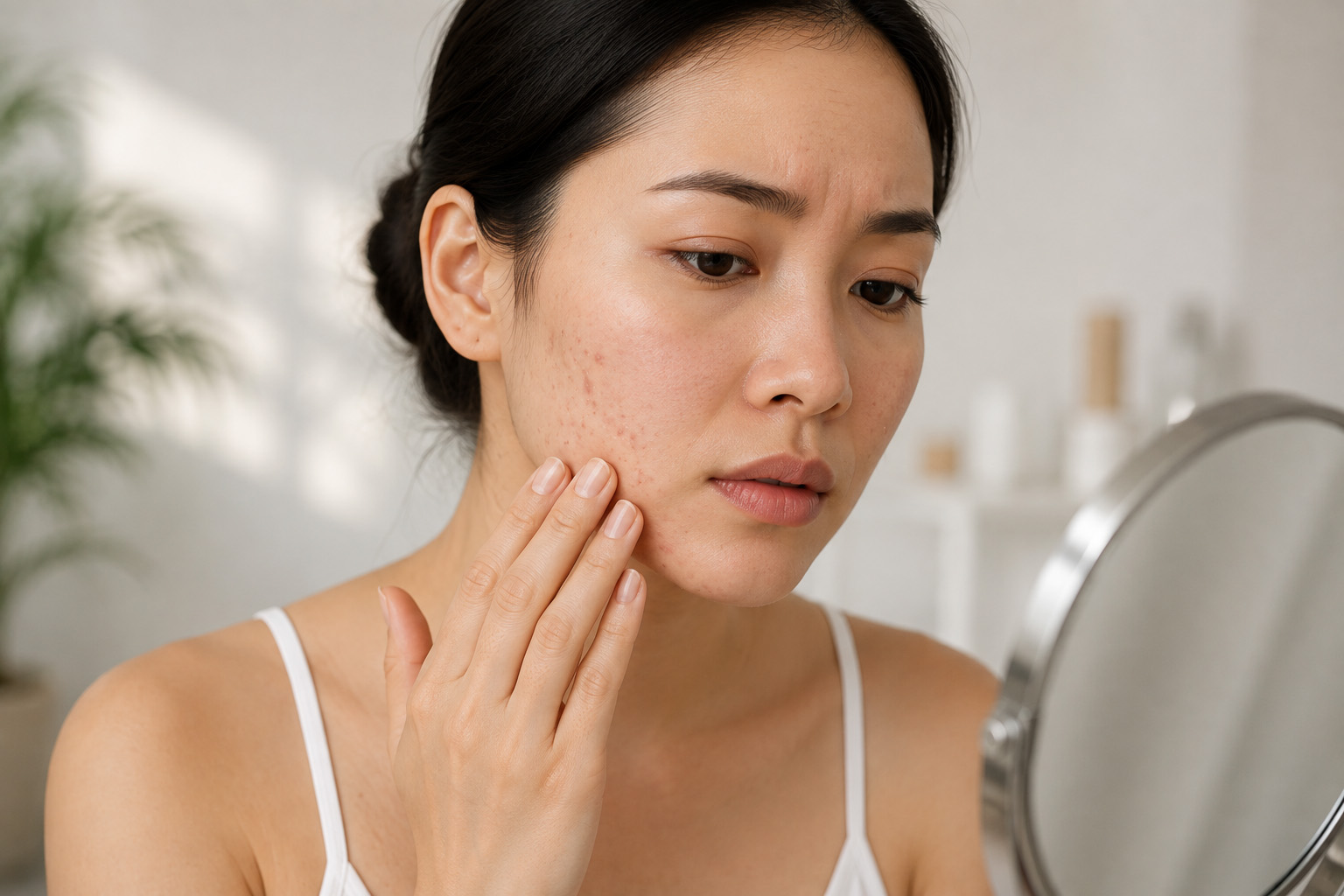 Woman with visible acne and blemishes touching her face while looking concerned